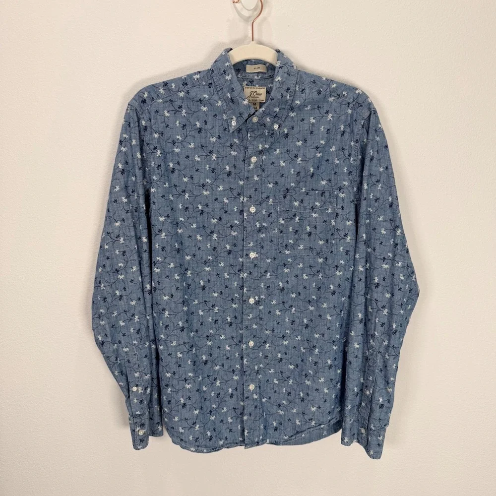 J. Crew Mens Slim Fit Floral Button Down Shirt Blue Chambray Cotton AJ835 Size M